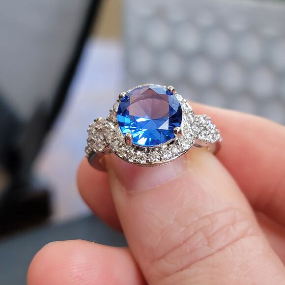 Rhodium Plated Simulated Blue Sapphire Ring - Elegant Statement - Size 10 - Picture 7 of 10